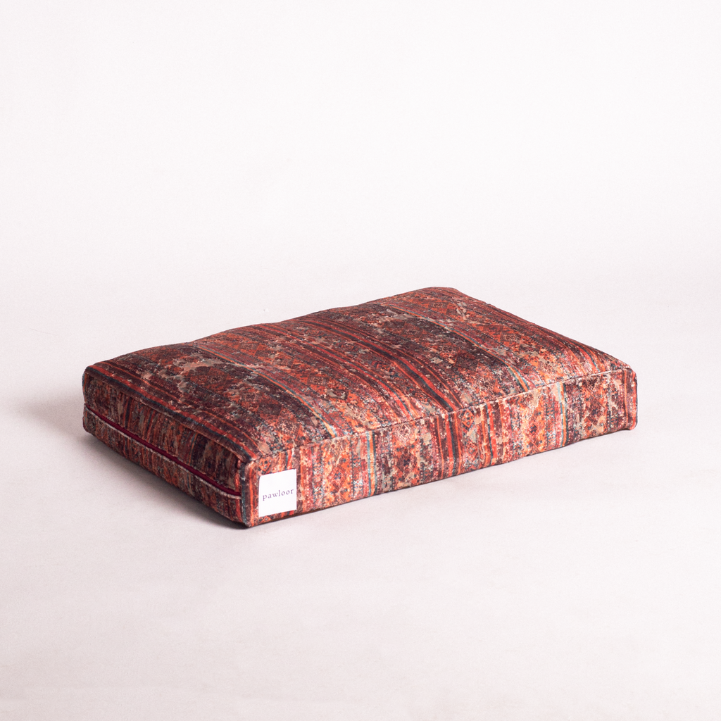 Persian luxury kilim pattern dog bed, ivory and terracotta kilim pattern
