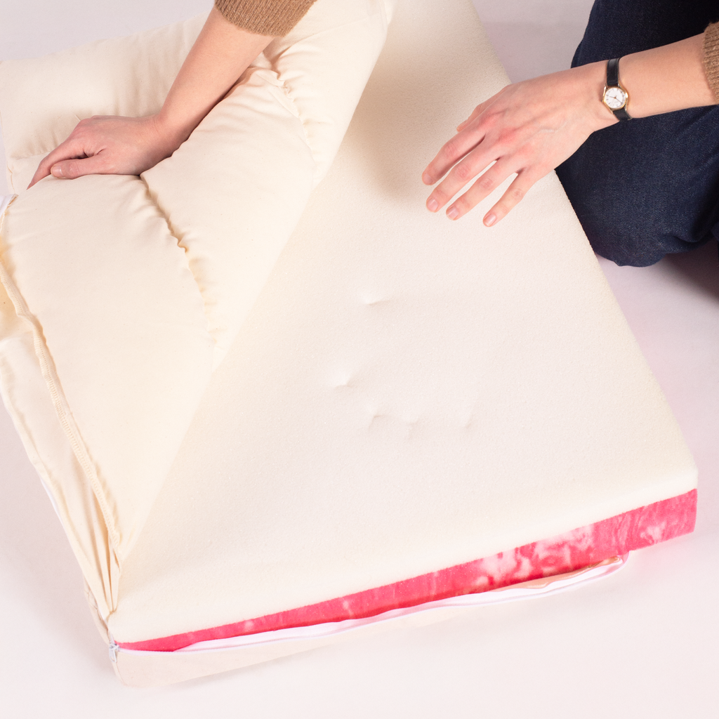 3-layer foam core inside designer dog bed — base, memory foam, pillow top. Removable machine washable cover and inner cover.